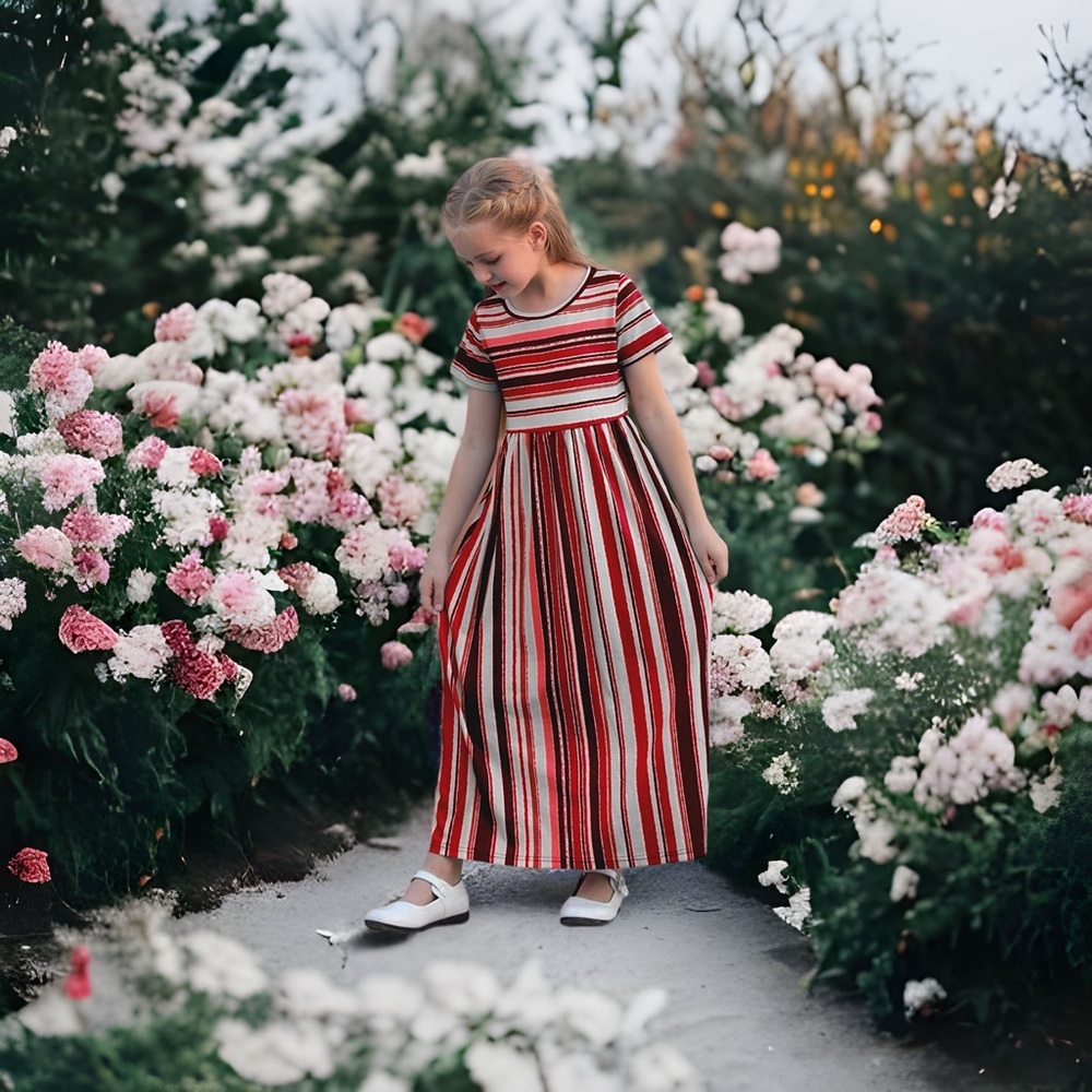 GORLYA Long short-sleeved dress with floral print for girls, loose, with pockets